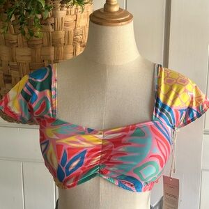 NEW Kenny Flowers Maui Tropical Floral Print Sleeved Swimsuit Bikini Top…